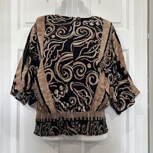 Vintage A.C. Sport Black Tribal Print Women's 14 Smocked Hem Blouson Top